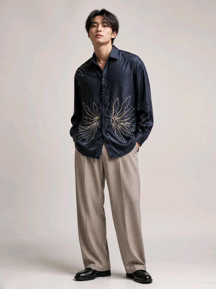 Men's Navy Printed Long Sleeve Shirt
