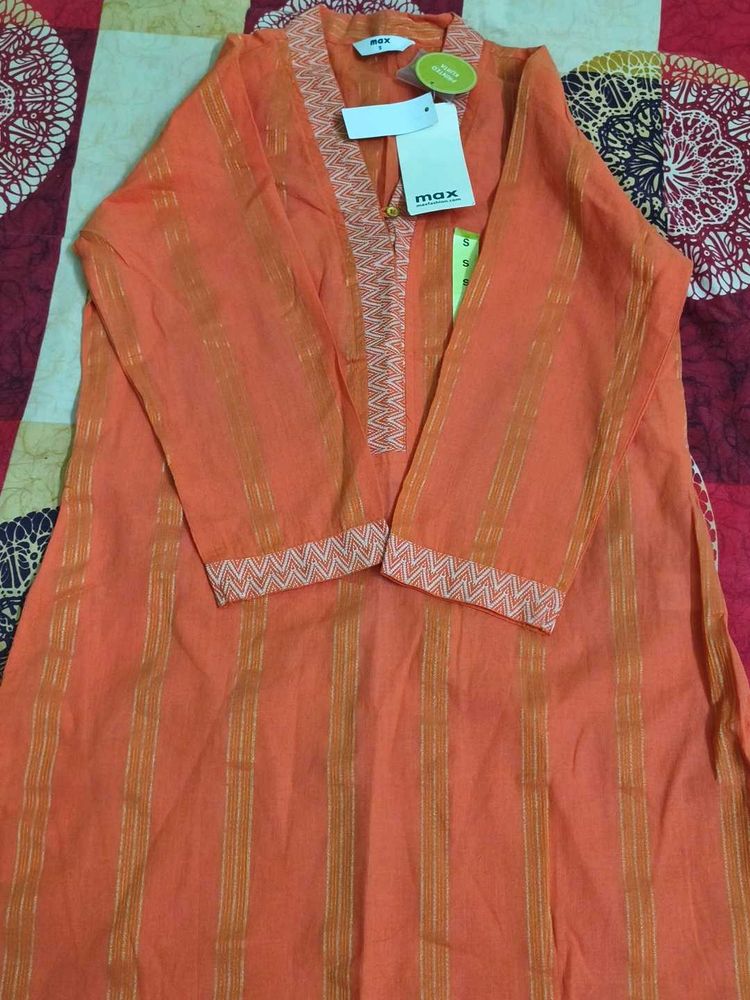 Orange Striped Kurta with Intricate Neckline