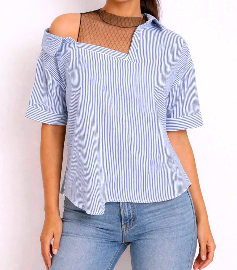 Chic Blue Striped Mesh Top