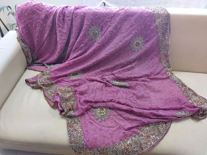 Onion Pink Saree With Bead&amp; Sequin Work