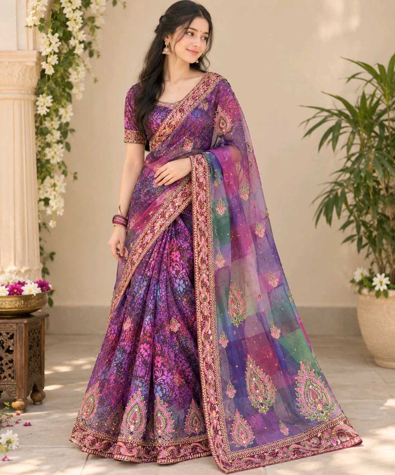 Stunning Purple Embroidered Saree