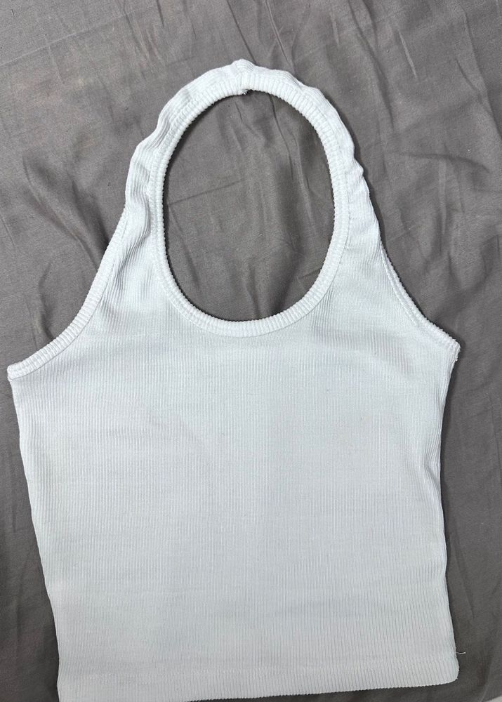 White Ribbed Halter Neck Top