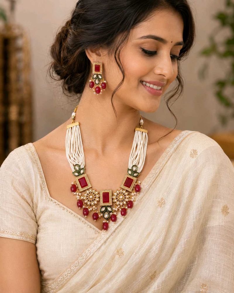 Exquisite Ruby &amp; Pearl Necklace Set