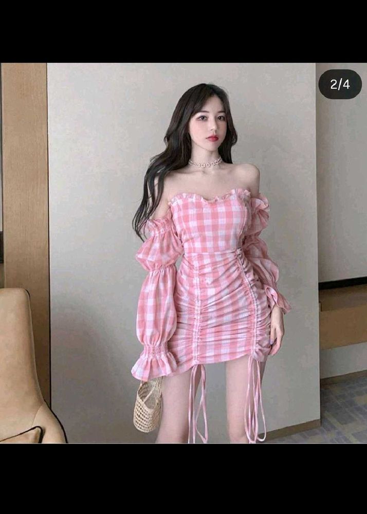 Newme asia Pink Gingham Off-Shoulder Ruched Dress