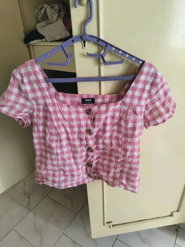 Pink Gingham Square Neck Top