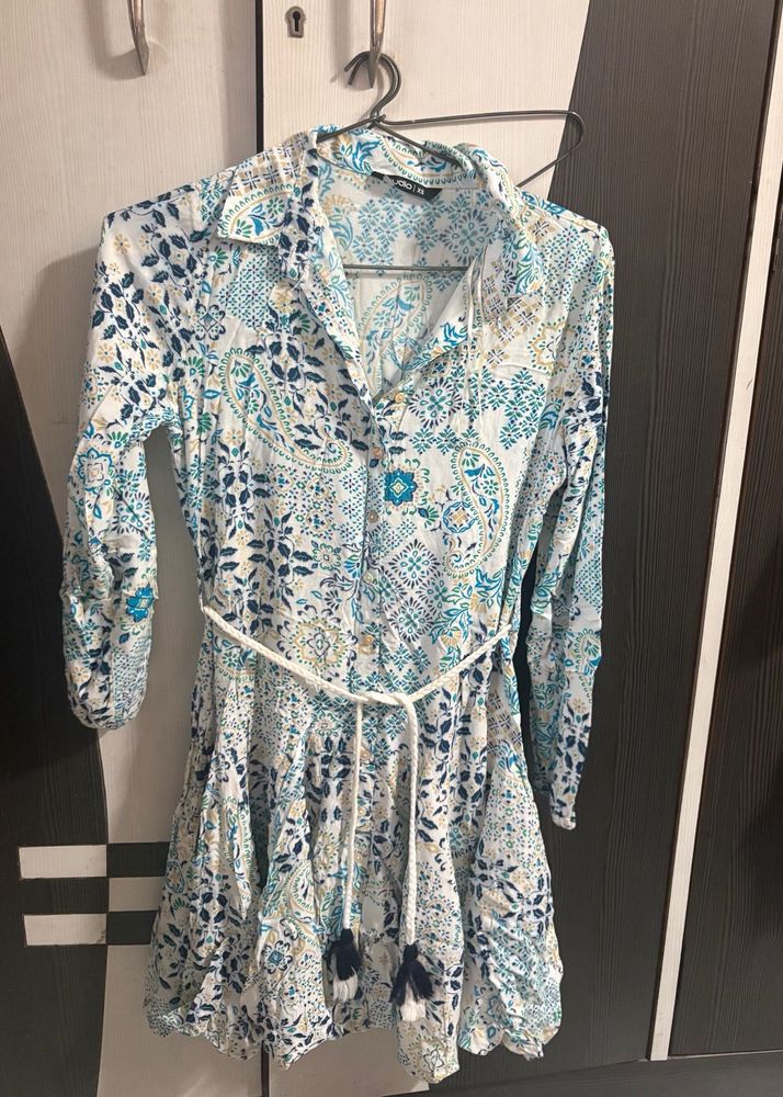 Bohemian Print Shirt Dress with Belt