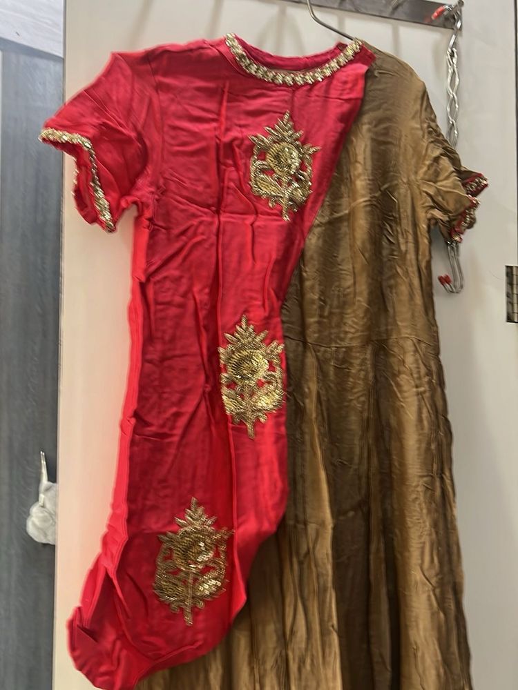 Embellished Red &amp; Gold Party Dress(with free gift)