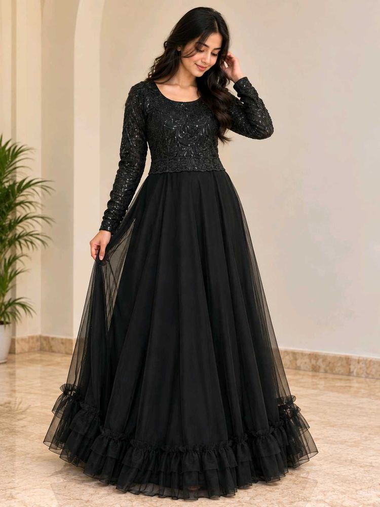 Elegant Black Sequined Ethnic Gown