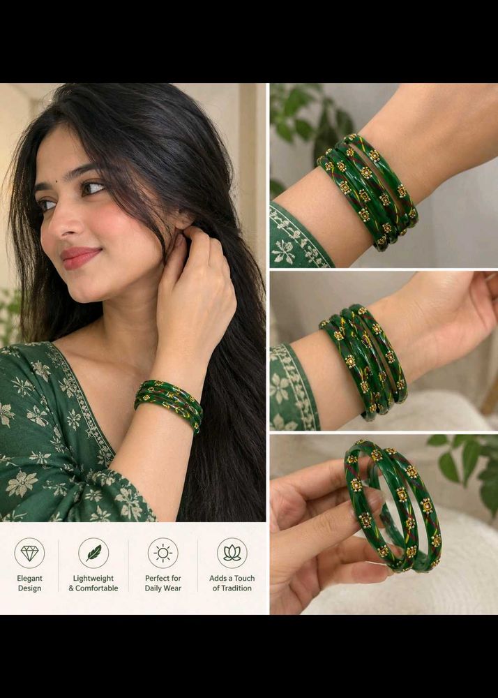 Elegant Green Bangles with Gold Detailing