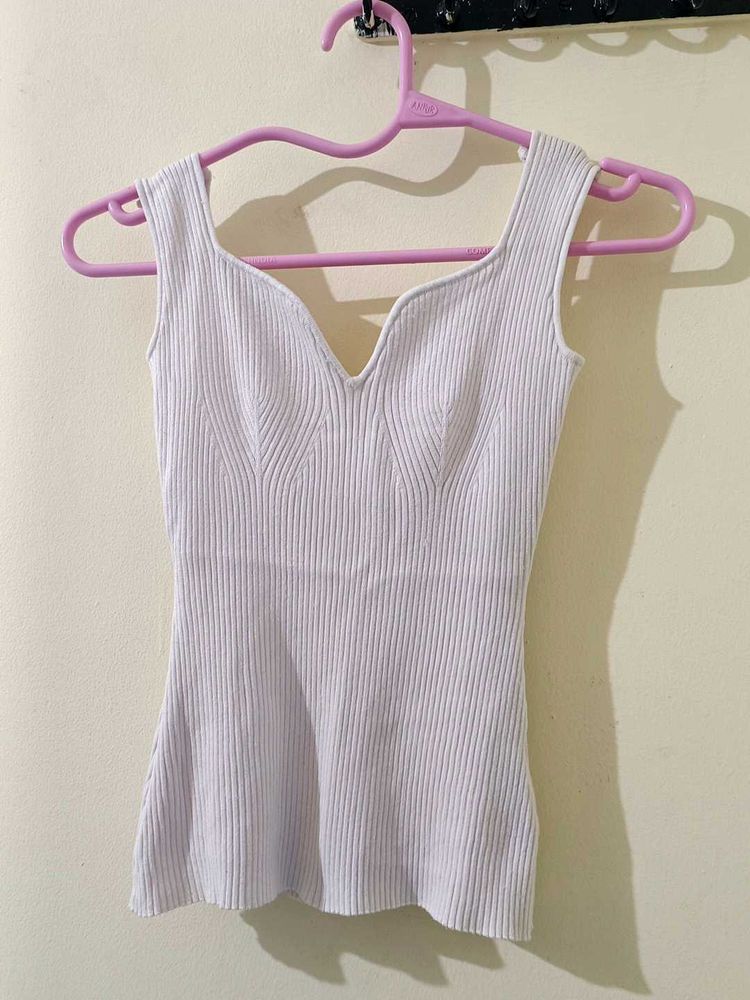 Ribbed V-Neck White Sleeveless Top