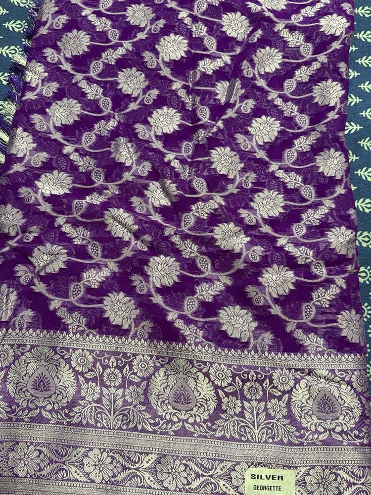 Elegant Purple Georgette Saree with Silver Weave