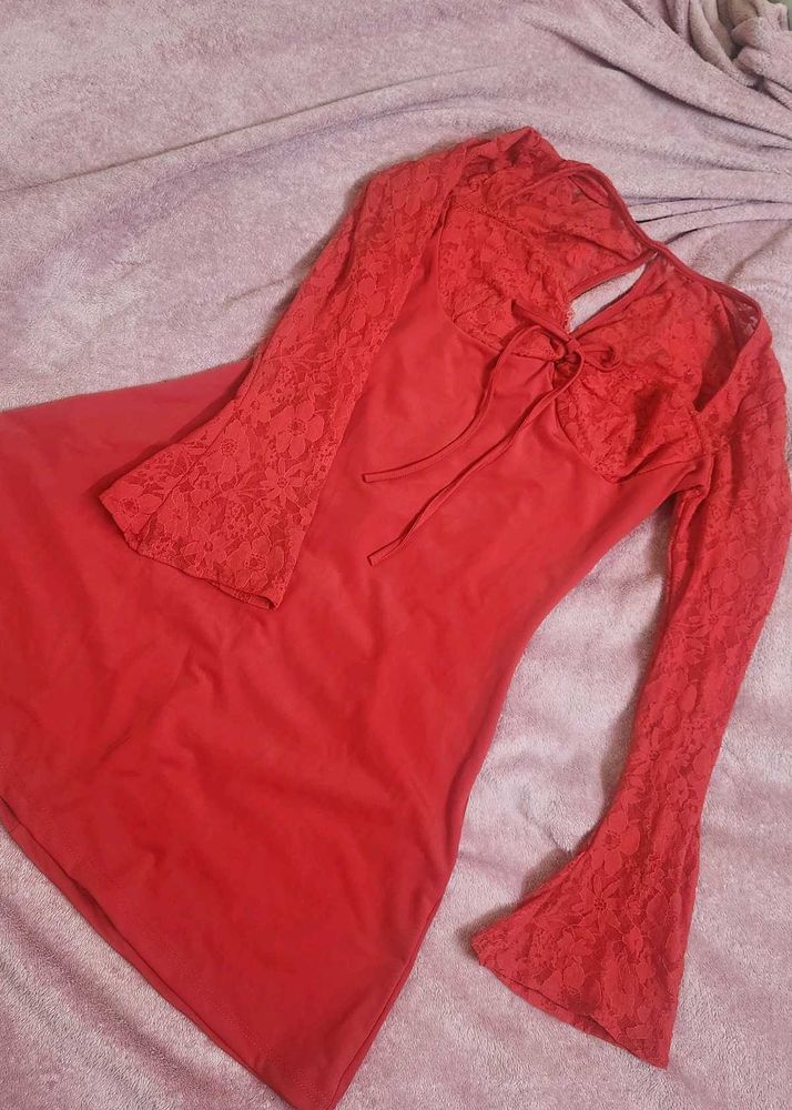 Elegant Red Lace Sleeve Dress