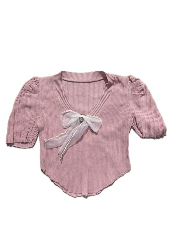 Chic Pink Ribbed Top with Bow Detail