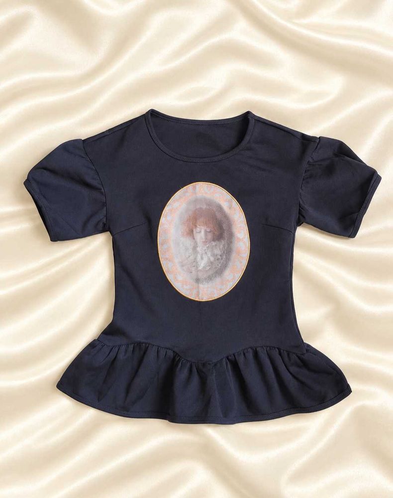 Navy Ruffle Peplum Top with Portrait