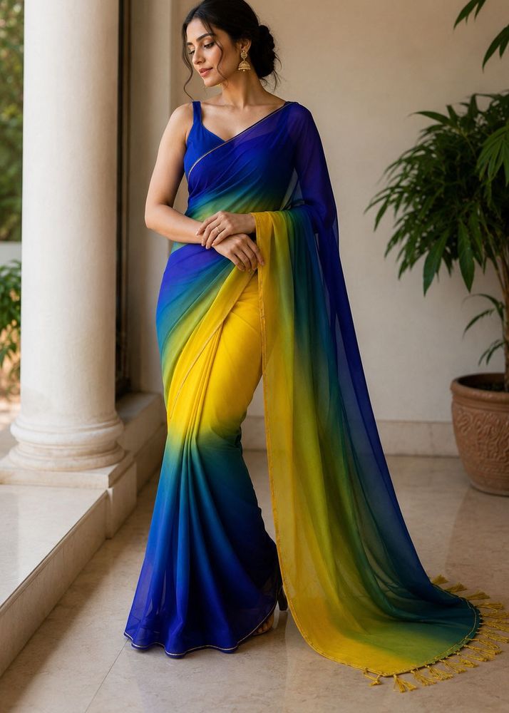 Stunning Ombre Blue &amp; Yellow Georgette Saree