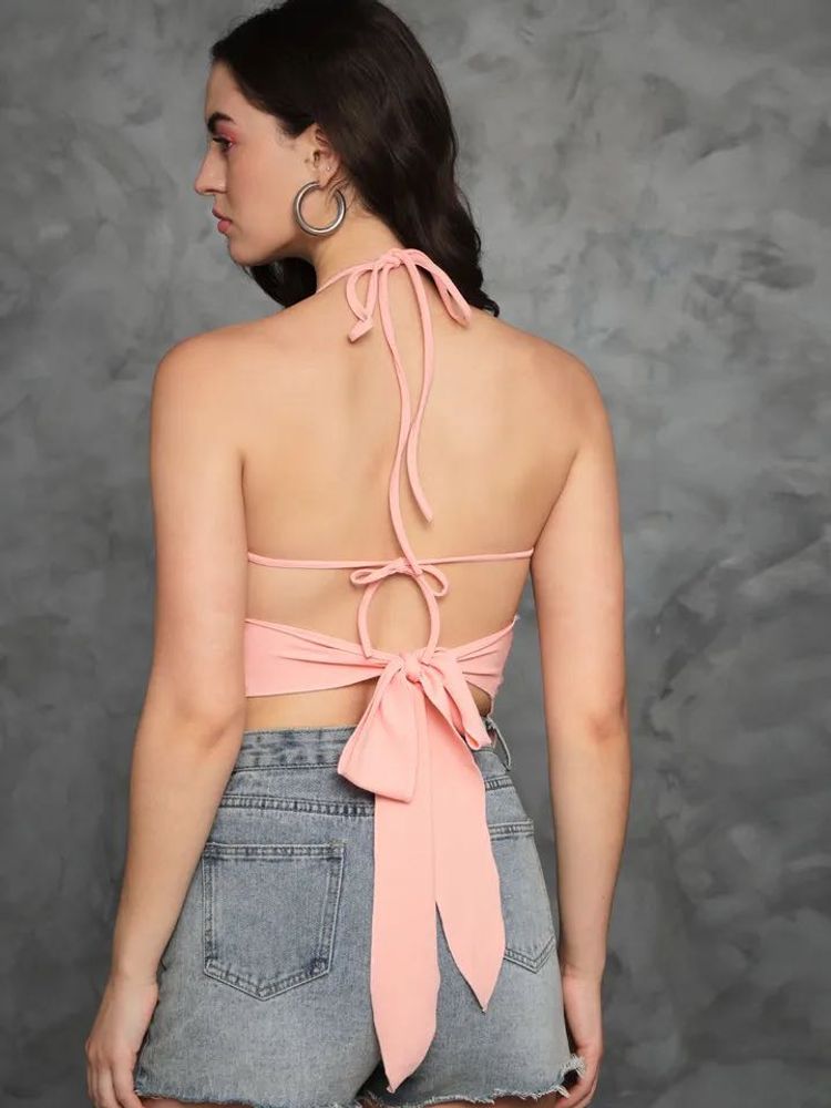 Y2k Pink butterfly Neck Back Tie Crop Top