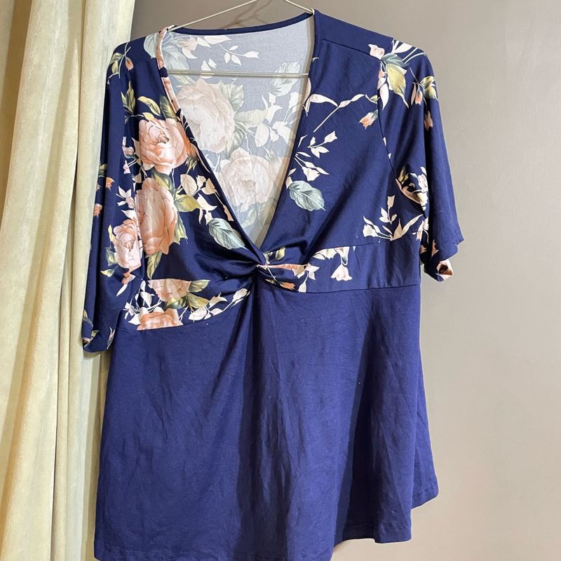 Stylish Navy Floral Twist Neck Top