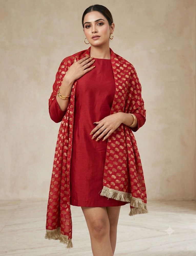 Rich Crimson Red Brocade Dupatta with Gold Paisley