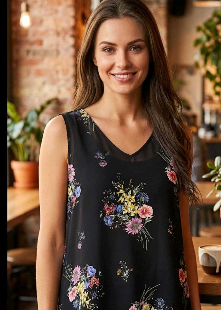 Chic Black Floral Sleeveless V-Neck Top