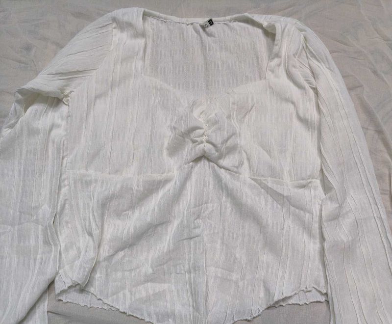 White Textured Square Neck Top