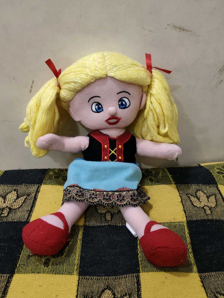 Cute Plush Doll with Blonde Pigtails