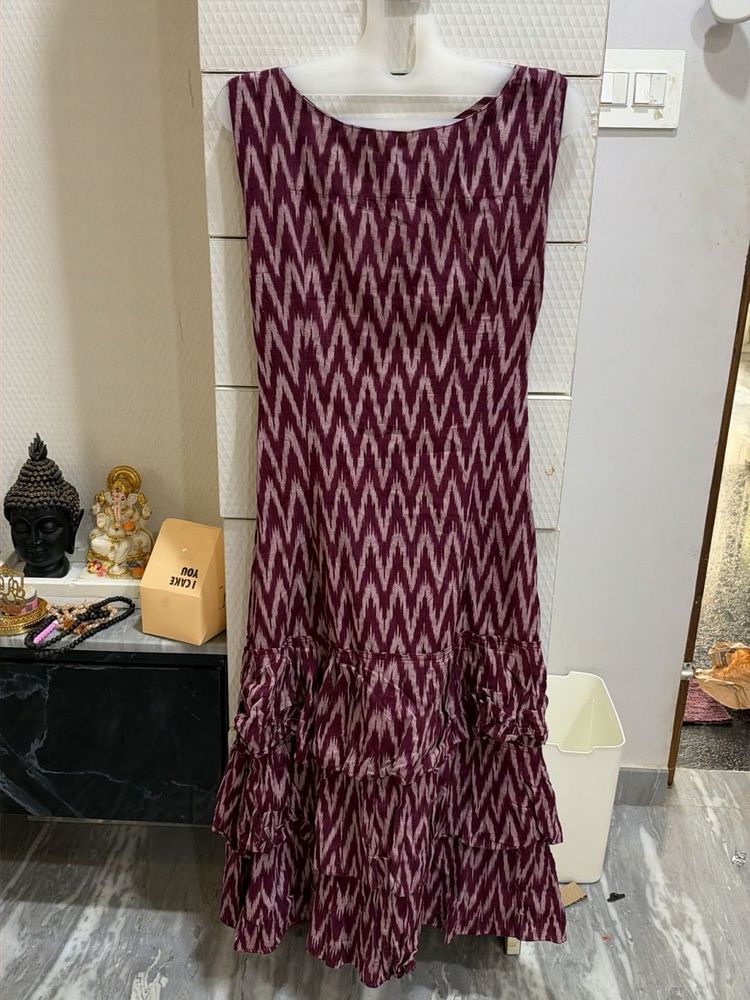 Maroon Ikat Print Tiered Dress