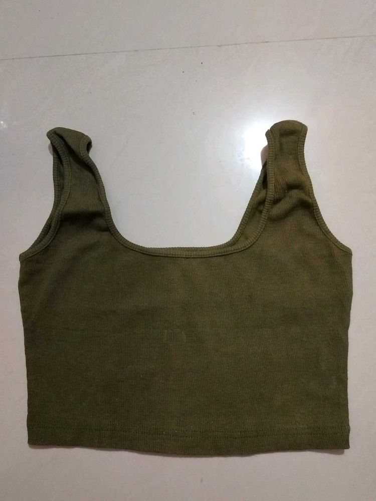Trendy Olive Ribbed Square Neck Crop Top