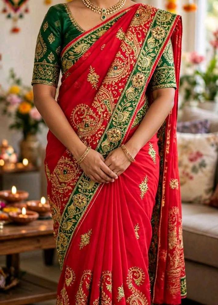 Stunning Red Embroidered Silk Saree lehenga type s
