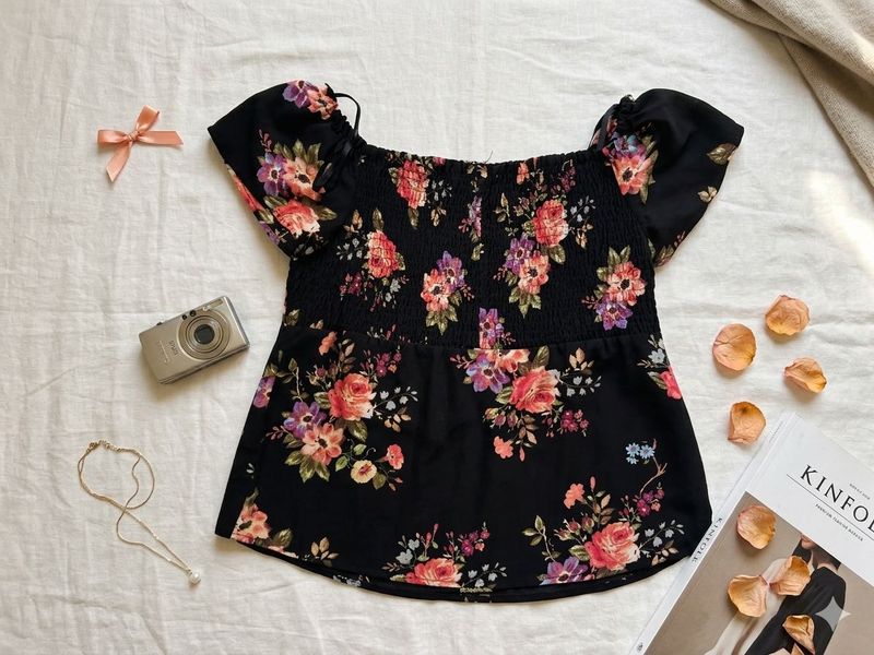 Black Floral Smocked Off-Shoulder Top
