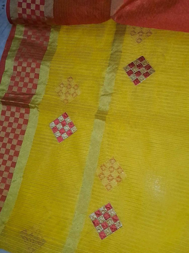 New puja path eear saree red yellow