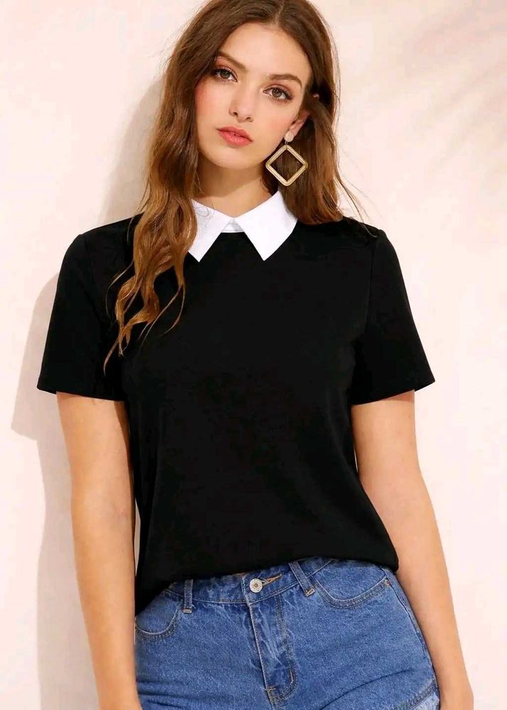 Chic Black Top with White Collar