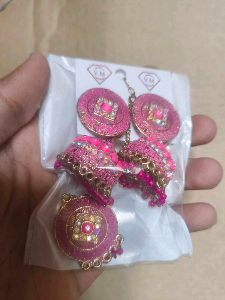Pink Jhumka Earrings Set