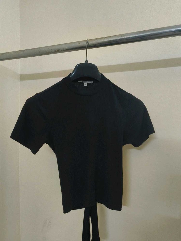 Black Cropped Tie-Back Top