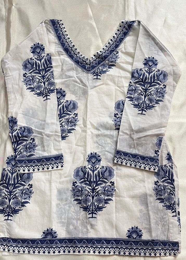 White Kurta with Blue Floral Print