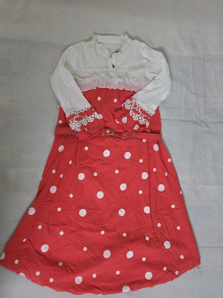 Girls Polka Dot Chinese Collar Dress with Belt