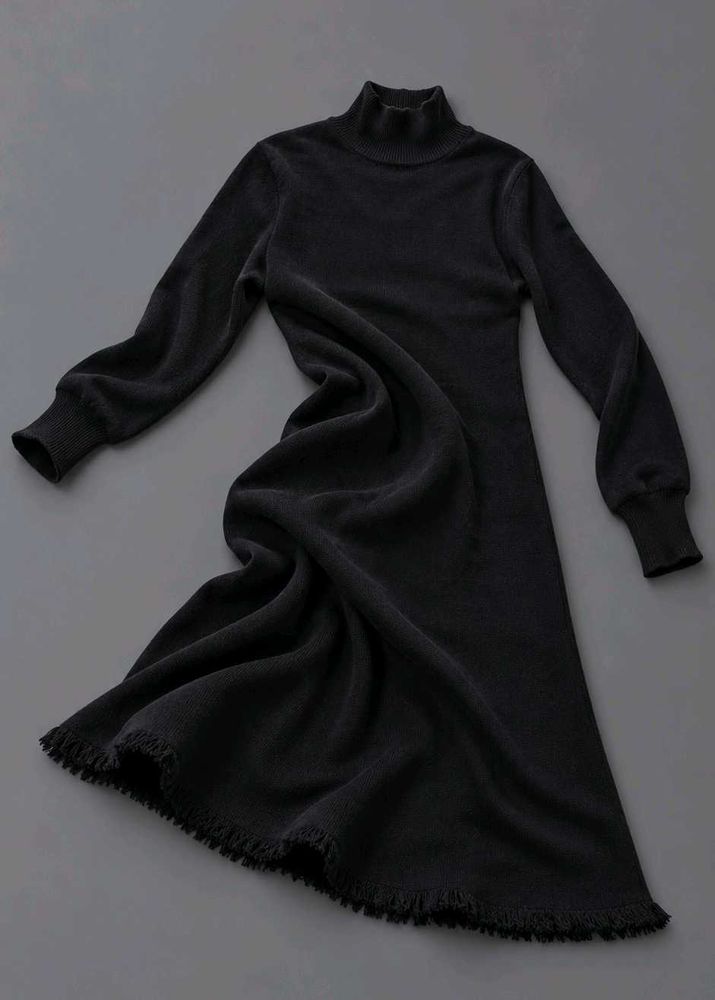BLACK HIGH NECK LONG SLEEVE FRINGE HEM MIDI DRESS