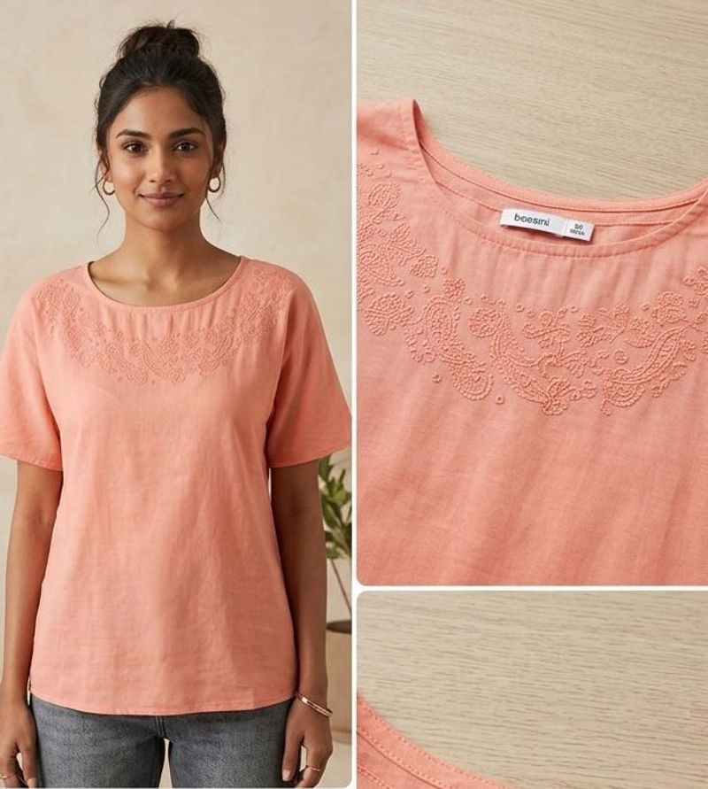 Coral Embroidered Top