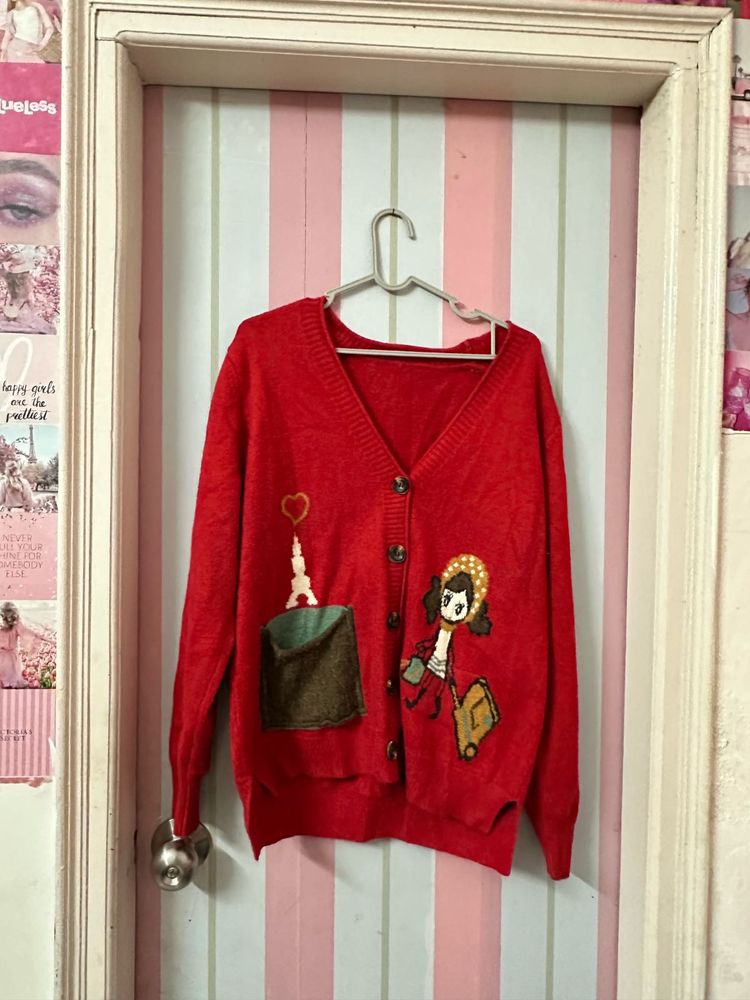 Red Embroidered Cardigan