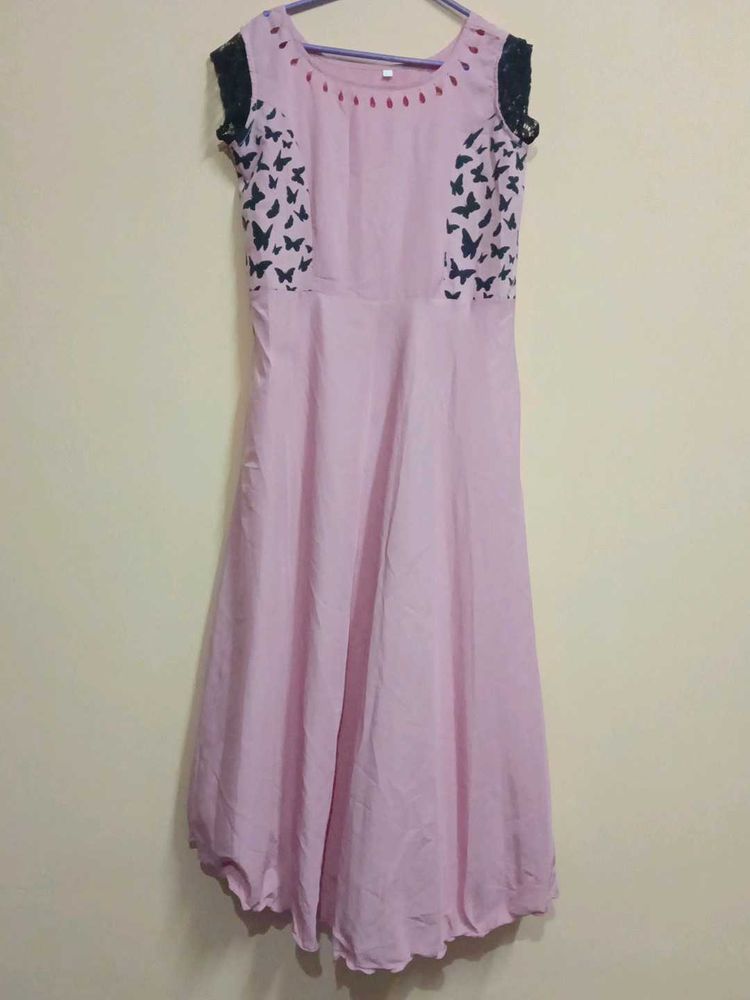 Pink Butterfly Print Ethnic Gown