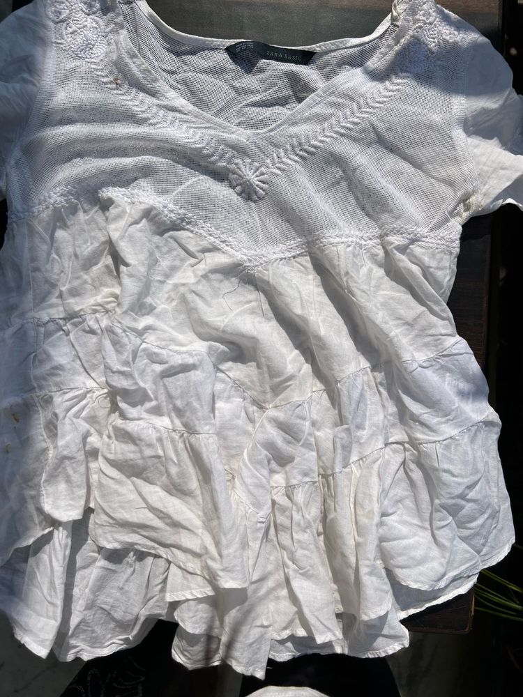 White Embroidered lace Tiered Top