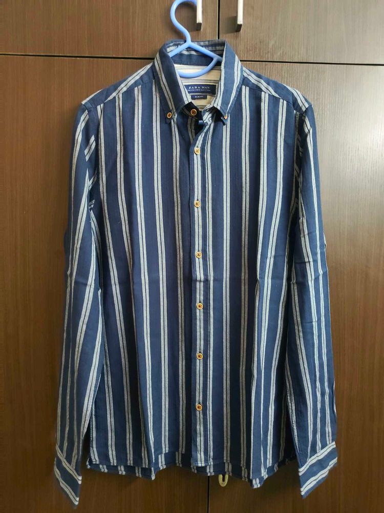 Zara Man Blue Striped Button-Down Shirt