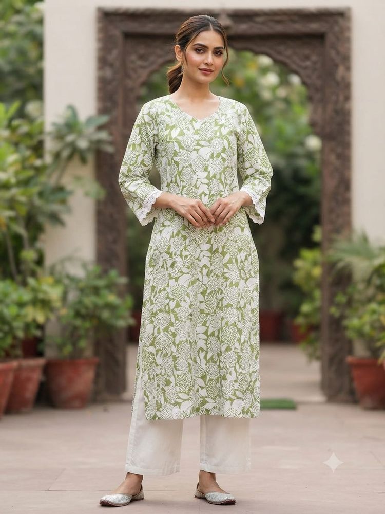 Green Floral Print Kurta