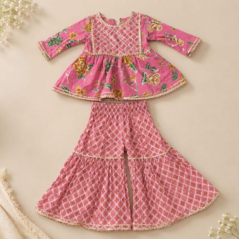 Pink Floral Kurta with Sharara Pants