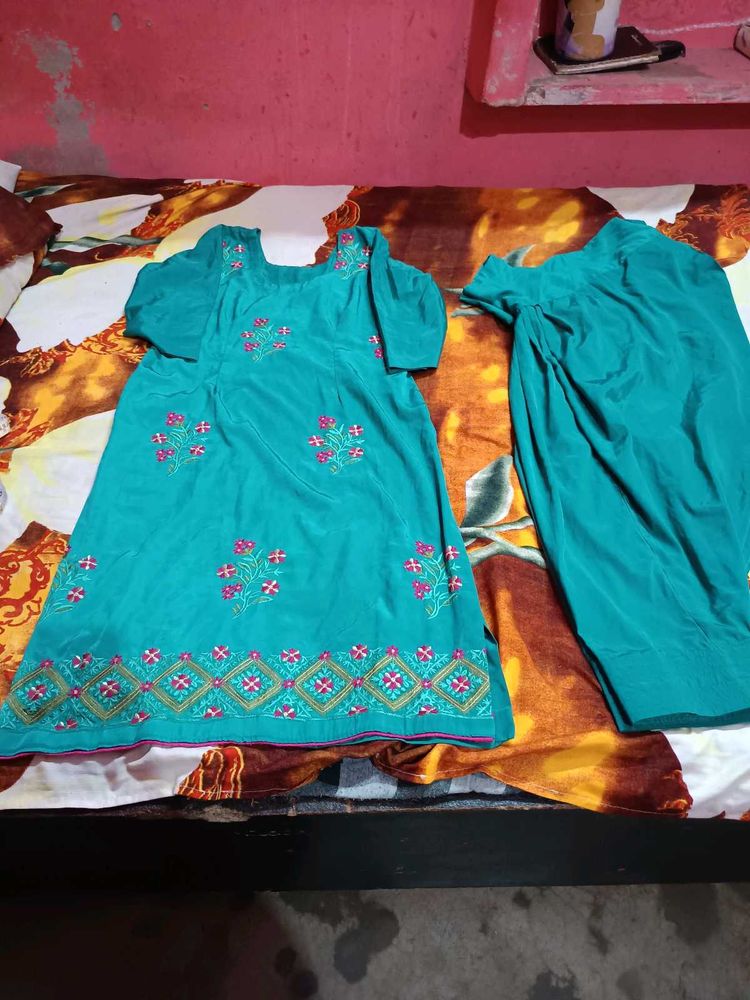 Teal Embroidered Kurti salwar Set