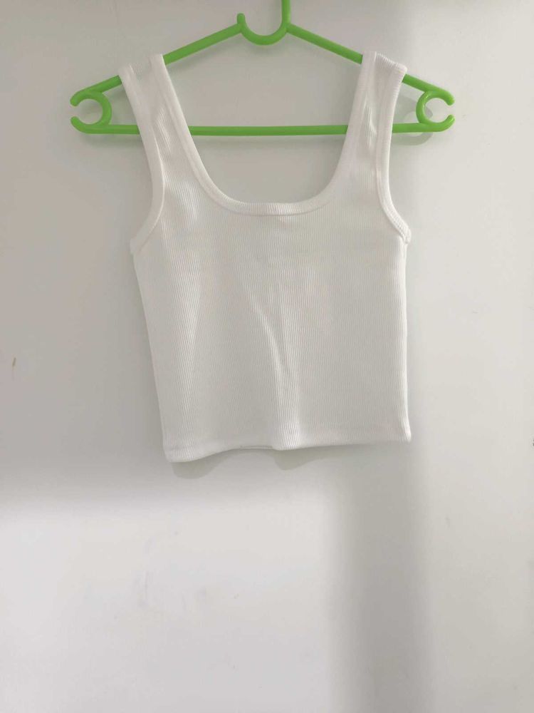 White Ribbed Cropped Tank Top