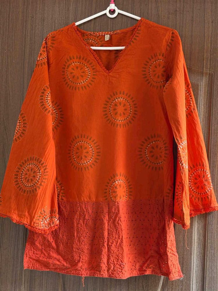 Vibrant Orange Embroidered Kurta