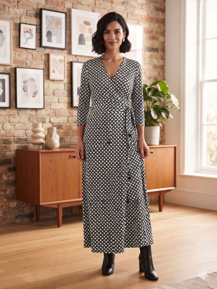 Monochrome Geometric Print Wrap Dress