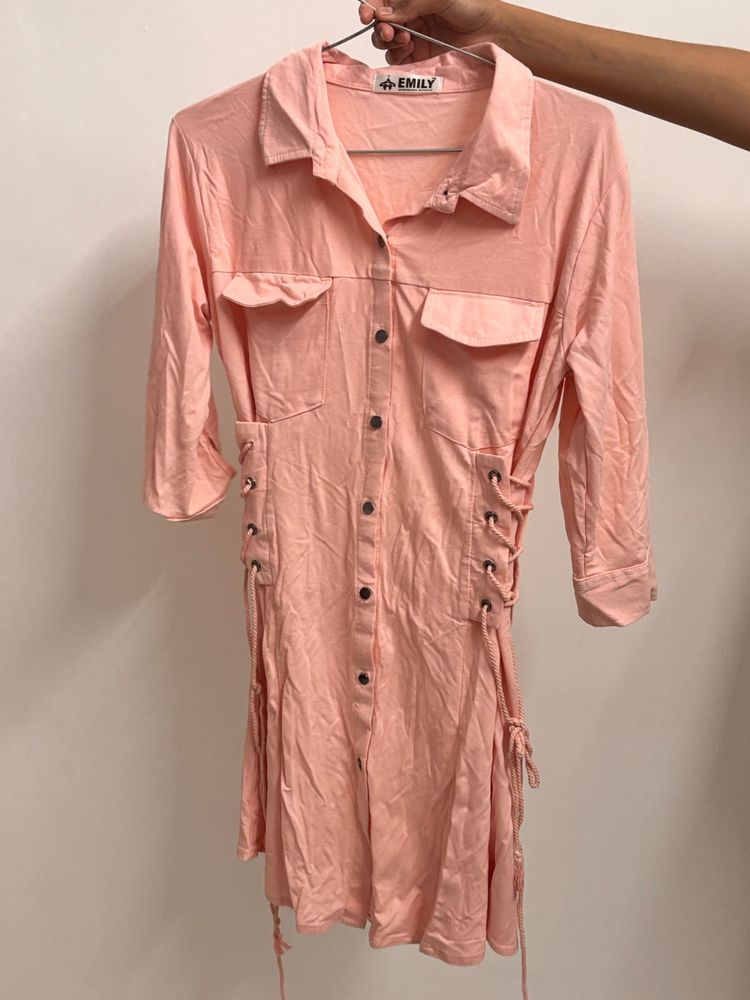 Chic Pink Lace-Up Shirt Dress