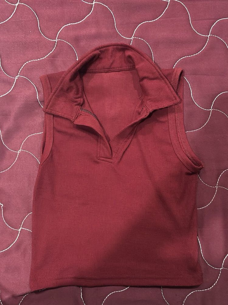 Burgundy Ribbed Sleeveless Collared Top