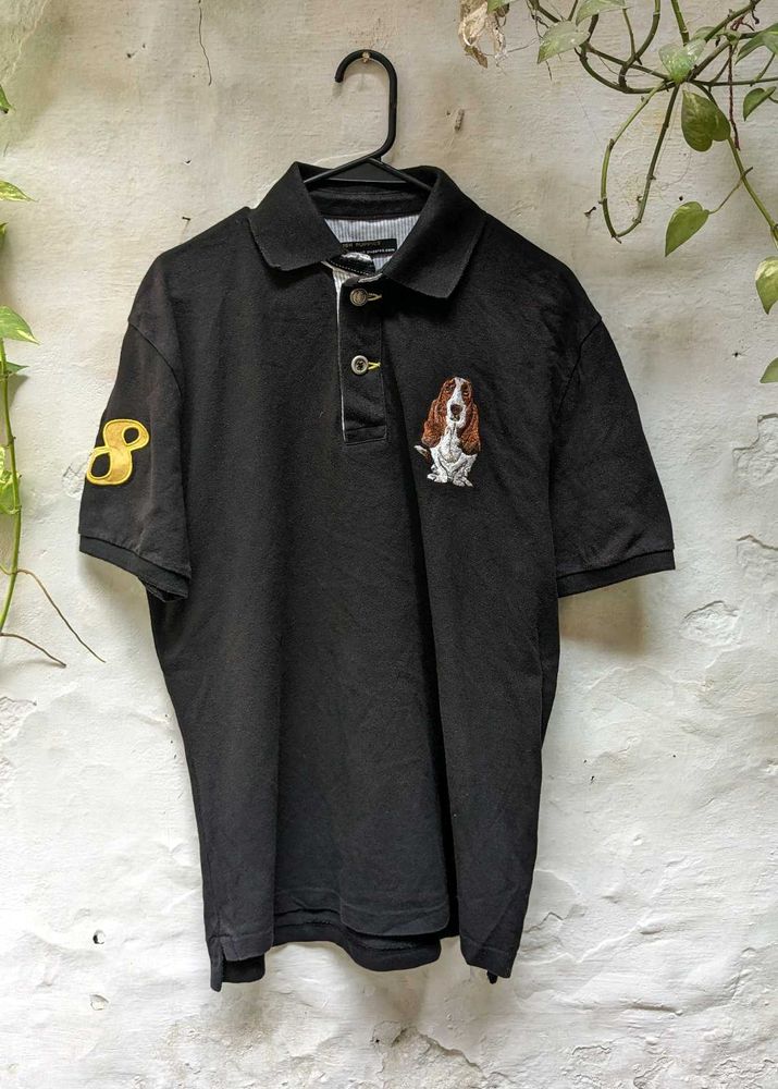 Black Polo Shirt with Dog Embroidery